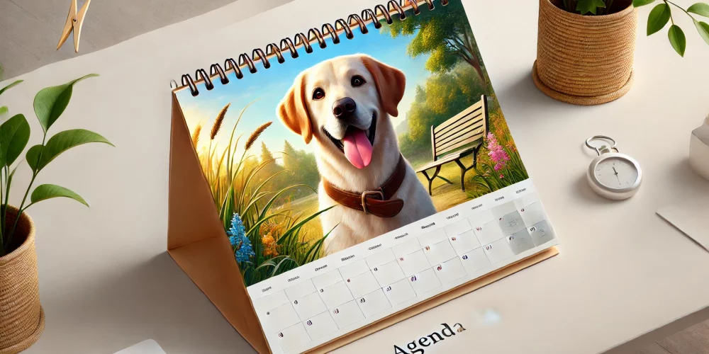 DALL·E 2025-03-04 07.51.00 - Une bannière réaliste pour un site internet dans la rubrique 'Agenda' avec un chien. Un chien heureux, de race courante (comme un labrador ou un golde